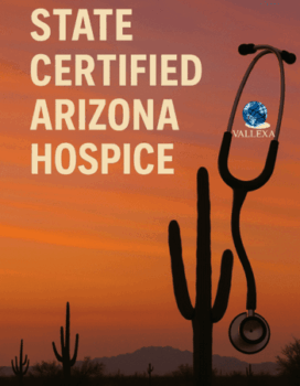 Desert sunset with saguaro cactus and stethoscope graphic promoting a state certified Arizona hospice for sale in Maricopa County.