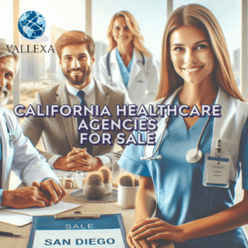 A team of healthcare professionals in a modern office setting, featuring doctors and nurses in medical attire. The text overlay reads, "California Healthcare Agencies For Sale," with a clipboard showcasing "SALE SAN DIEGO" on the table. Bright lighting and professional ambiance emphasize the healthcare business context.