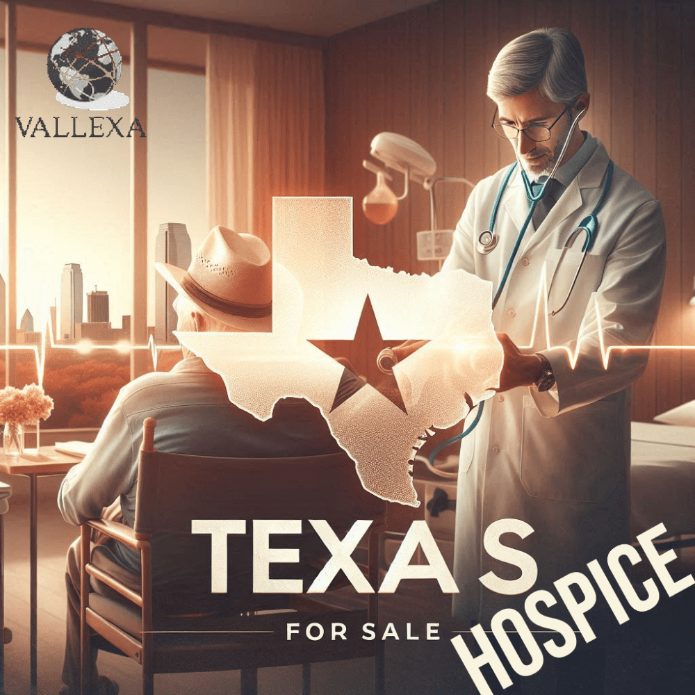 A doctor in a white coat and stethoscope stands beside an elderly man wearing a cowboy hat, seated in a hospice room. A graphic of the state of Texas with a star in the center and the text "TEXAS FOR SALE HOSPICE" is prominently displayed. The logo "VALLEXA" is visible in the top left corner.