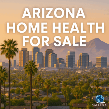 Square image of Phoenix, Arizona skyline at sunset with palm trees in the foreground and bold white text reading “Arizona Home Health For Sale.”