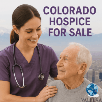 A hospice nurse in purple scrubs gently supports and smiles at an elderly male patient, with the Denver skyline and snow-covered Rocky Mountains in the background. Text overlay reads "Colorado Hospice For Sale."