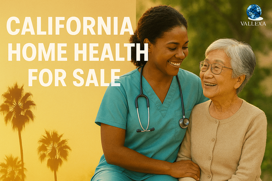African American nurse in teal scrubs warmly supporting an elderly Asian woman outdoors, with palm trees and bold text reading "California Home Health for Sale" — ad image for Medicare/MediCal certified home health agency listed at $199K.