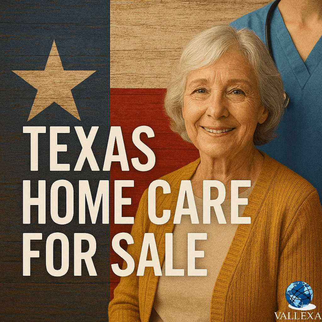 Smiling elderly woman with caregiver in front of a Texas flag, symbolizing compassionate care; bold text reads “Texas Home Care For Sale.”