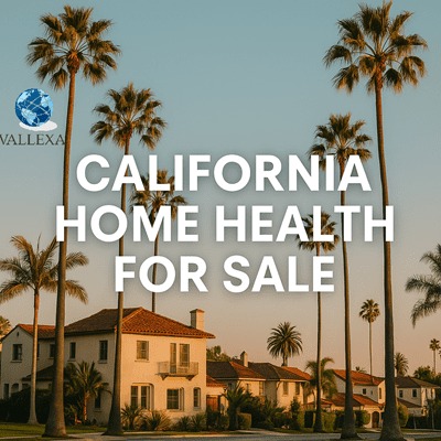 California home health license for sale with palm trees and Spanish-style homes in the background.