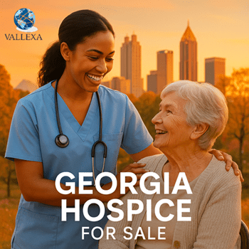 Nurse smiling with elderly patient at sunset with Atlanta skyline, promoting Georgia hospice for sale with financing.