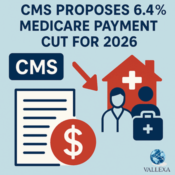 Infographic illustrating CMS’s proposed 6.4% Medicare payment cut for 2026 and its effect on home health agencies, with icons of CMS, a document with dollar sign, a clinician, and a home with medical cross.