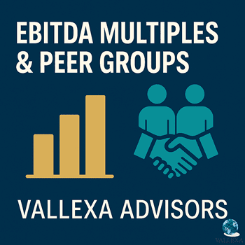Abstract infographic with gold bar chart, teal figures, and handshake on dark blue background representing business valuations and peer collaboration