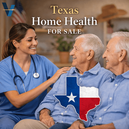 Texas home health agency for sale featuring caregiver assisting elderly patient with statewide service coverage and licensed operations in Texas