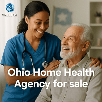 Ohio home health agency for sale—nurse with smiling patient, Ohio flag elements; presented by Vallexa Advisors
