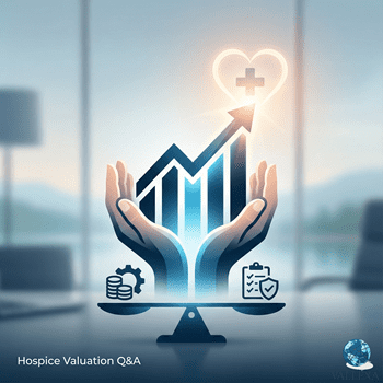 Hospice valuation Q&A graphic covering EBITDA multiples, valuation methods, compliance impact, and typical valuation cost factors.