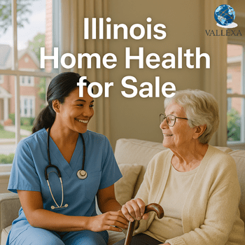 Home health nurse smiling with a senior patient in an Illinois home setting, representing an established Medicare and Medicaid certified home health agency for sale.