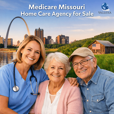 miling nurse with senior couple and Missouri skyline background for Medicare Missouri Home Care Agency for Sale in Southwest Missouri.