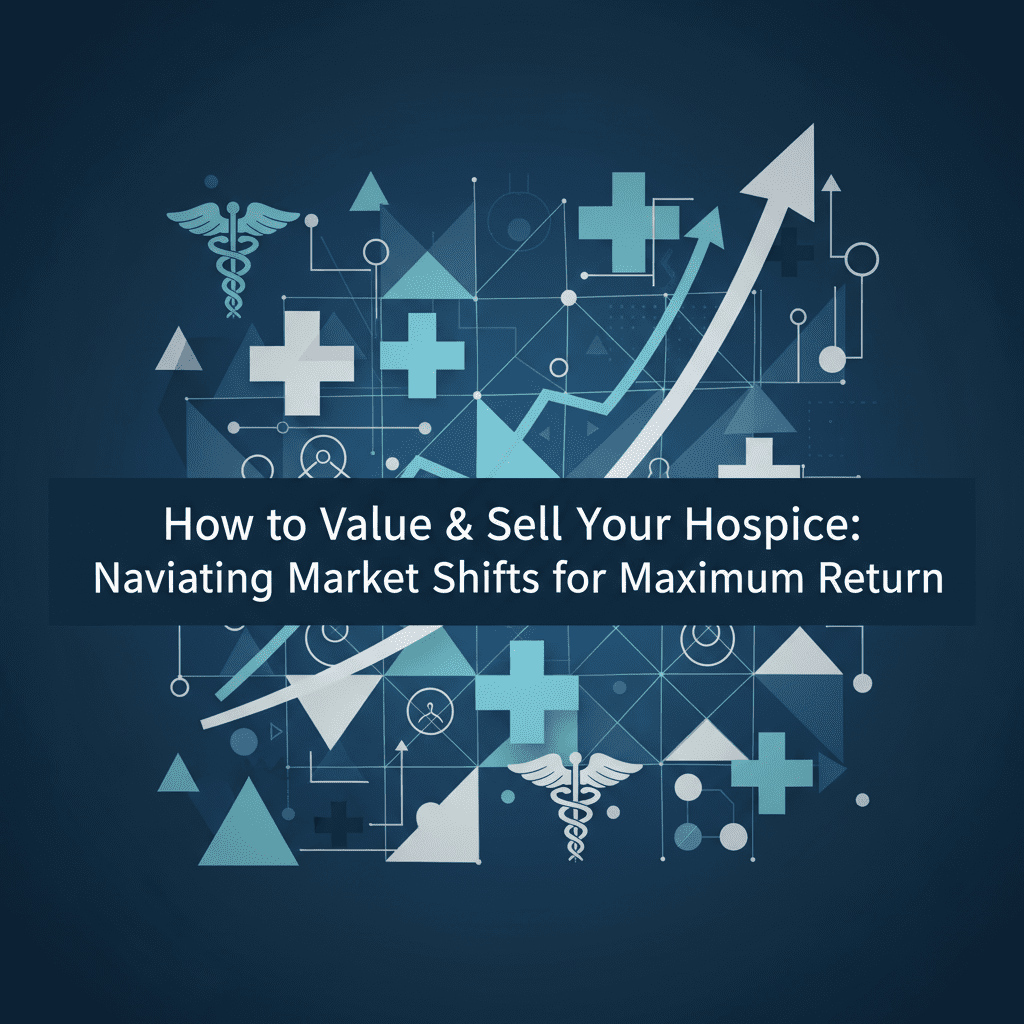 Abstract graphic illustrating how to value my hospice, featuring medical symbols, geometric shapes, and an upward financial trend.