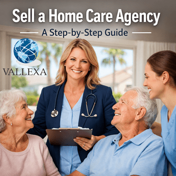 Sell a home care agency guide showing a home care advisor with caregivers and elderly clients during a professional consultation