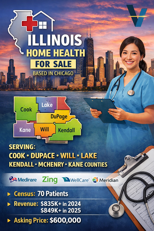 Illinois home health agency for sale in Chicago serving Cook, DuPage, Will, Lake, Kendall, McHenry, and Kane counties