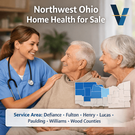 Northwest Ohio home health agency for sale featuring nurse assisting elderly patient with service area including Defiance Fulton Henry Lucas Paulding Williams and Wood Counties Ohio