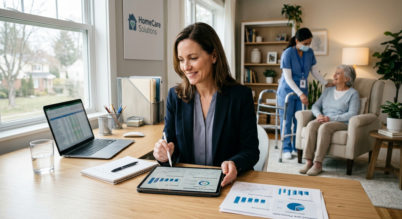 A professional editorial-style photograph of a modern home health care setting, showing a confident business owner or administrator reviewing financial charts and data on a tablet at a clean office desk, with soft natural light coming through a window. In the background, slightly out of focus, a uniformed home health nurse assists an elderly patient in a comfortable home environment. The overall mood is calm, analytical, and forward-looking, conveying financial assessment and healthcare industry stability. Muted blues, warm neutrals, and clinical whites dominate the color palette, evoking professionalism, trust, and the intersection of healthcare and business valuation.