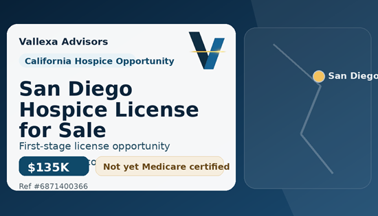 San Diego hospice license for sale, first-stage California hospice opportunity with state survey completed May 2026