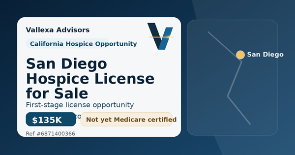 San Diego hospice license for sale, first-stage California hospice opportunity with state survey completed May 2026