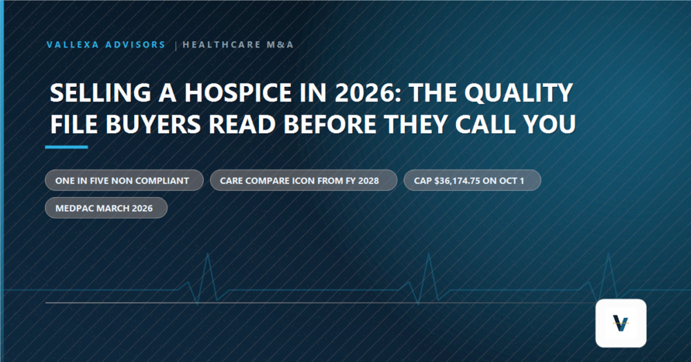 Selling a hospice in 2026: the public quality file buyers read before they call you. One in five hospices non compliant with CMS quality reporting, Care Compare icon from FY 2028, hospice cap 36,174.75 dollars from October 1, MedPAC March 2026.
