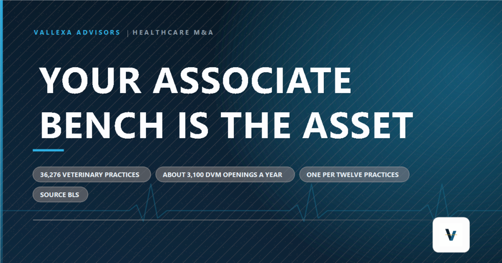 Vallexa Advisors branded card reading Your Associate Bench Is The Asset, noting 36,276 veterinary practices and about 3,100 veterinarian openings a year.